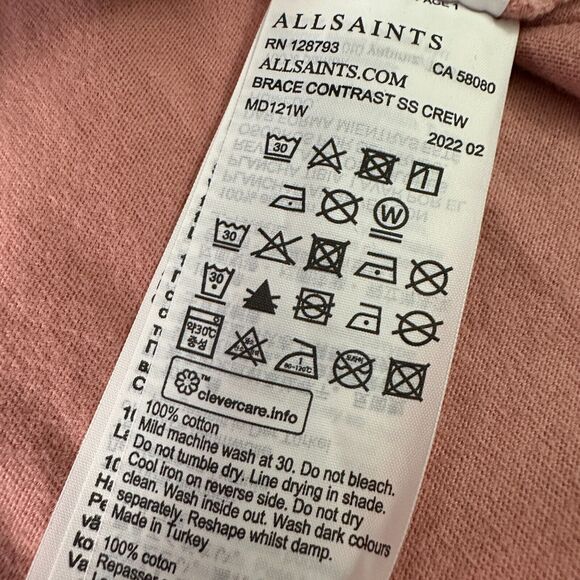 AllSaints Brace Contrast SS T-Shirt Men Medium Coral Pink Tapered Sleeves Cotton - Picture 6 of 9